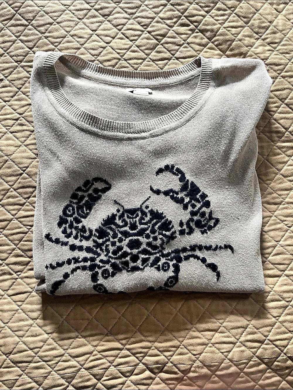 J.Crew Embroidered Crab Linen Sweater Graphic Tee Gray & Blue Small